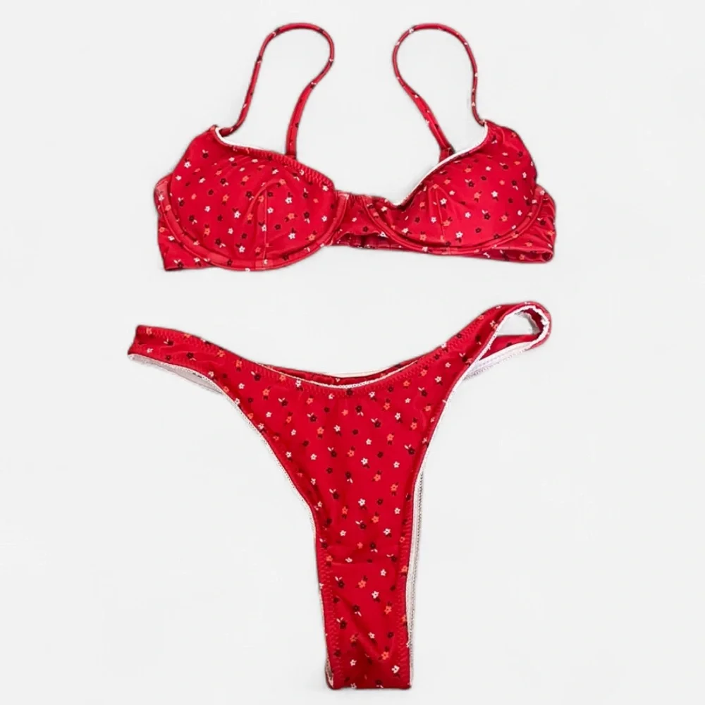 LaHana Swim Red Floral Emilia Bra Cup Bikini Top & Bottoms Two Piece Set XS